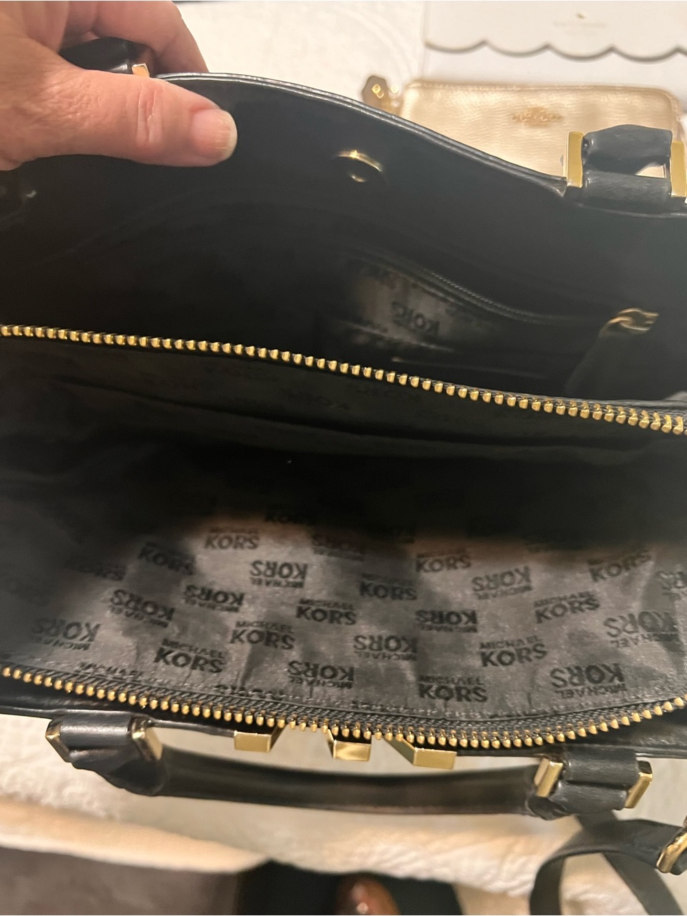 Michael Kors Black Leather Satchel with Gold MK Logo - Picture 3 of 6